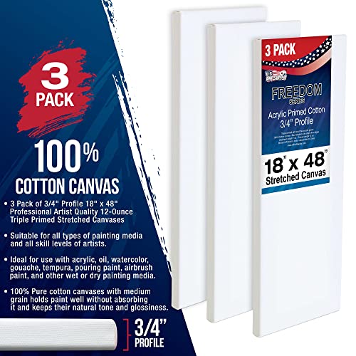 U.S. Art Supply 18 x 48 inch Stretched Canvas 12-Ounce Triple Primed, 3-Pack - Professional Artist Quality White Blank 3/4" Profile, 100% Cotton, Heavy-Weight Gesso - Acrylic Pouring, Oil Painting - size: 18" x 48"