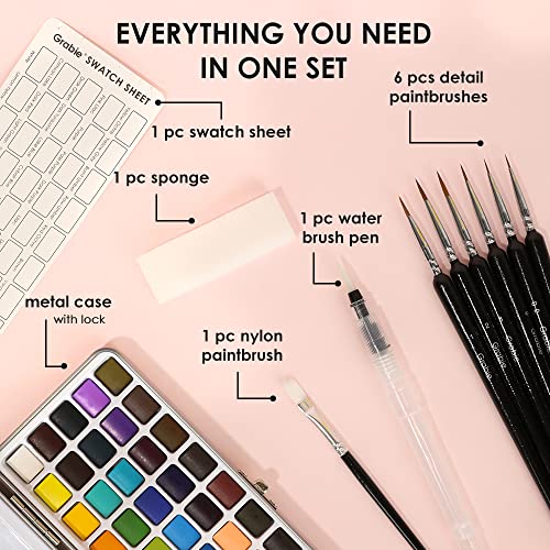 Grabie 50 Color Watercolor Paint Set with Detail Paint Brushes | High Pigment Paints, Blendable Colors, Portable Travel Case, Painting, Sketching, Illustration, Beginner And Hobby Artists - color: 50 Colors