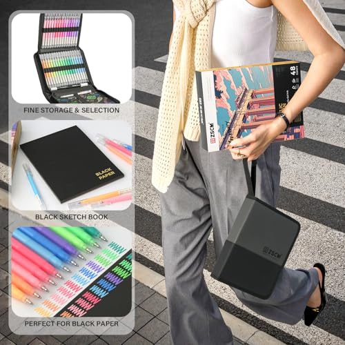 ZSCM 48 Colors 3D Acrylic Gel Pens & Black Paper Sketchbook for Drawing - color: 48 Colors