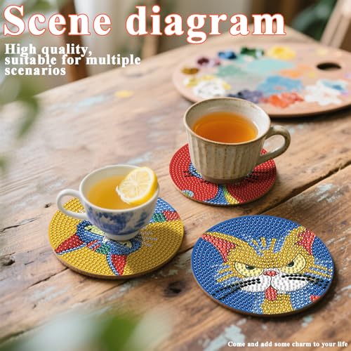 DOTSOPS 8 PCS Cat Diamond Art Coasters Kits for with Holder Beginners 4 in - color: Ecat