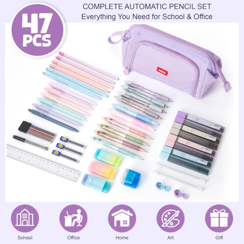 Eersida 47 Pcs Aesthetic School Supplies with Cute Pen Case, Mechanical Pencils 0.5mm, 0.7mm, 0.9mm & 2.0mm with Leads and Eraser Refills, Wood Pencils #2, for Writing, Drawing & Drafting(Purple) - color: Purple
