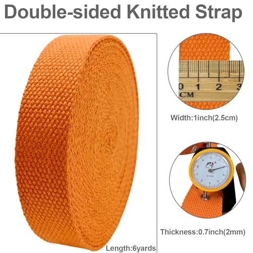 Heavy‑Duty Cotton Webbing Strap 1''x6yds Orange for Bags | 2mm thick webbing for dog collars, backpack, bag handles, apron straps, slings, sewing repairs & DIY craft projects. - color: Orange