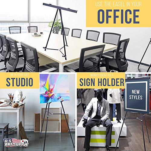 U.S. Art Supply 66" High Boardroom Black Aluminum Flip Chart Easel & Presentation Stand - Adjustable Floor/Tabletop, Portable Tripod, Holds 25 lbs., for Chart Paper, Poster Boards, & Pads