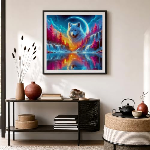 Mosaflare 5D Wolf Landscape Diamond Painting Kits for Adults 13.7x13.7 Inch | Waterfall Forest Diamond Art for Beginners, DIY Full Round Drill Paint by Diamonds Dot Gem Art for Adult, Home Wall Decor - color: KM1236-1