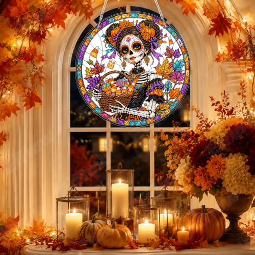Eiflow Acrylic Diamond Art Hanging Kit for Adults Halloween Skull, DIY Diamonds Painting Door Hanger Board Kit, Special Crystal Diamond Art Painting Pendant Ornament - color: Skull Girl