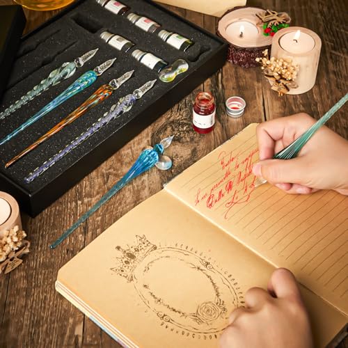 Zonon 14 Pcs Glass Dip Pen Ink Set for Art Supplies, Green Color Style | 6 Crystal Dip Pen with 6 Colorful Ink 2 Holder, Crystal Signature Calligraphy Pen, Art Writing Supplies, Artists Teacher Gift - color: Green Color System