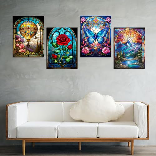 Muzagroo Art Rose Diamond Painting Kits for Adults, Colorful 5D Diamond Art Kits for Living Room Wall Art, DIY Drill Art 12x16 inches Gem Arts and Crafts 4PCS - color: 13-Rose