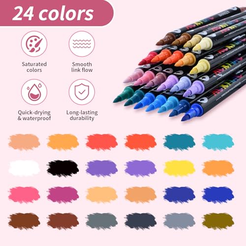 12 Dual Tip Acrylic Paint Markers, 24 Colors Total - 2-in-1 Double-Ended Brush Pens, Art Marker Set for Wood, Rock, Canvas, Glass & Crafts - color: 24 Colors Brush Tip Marker