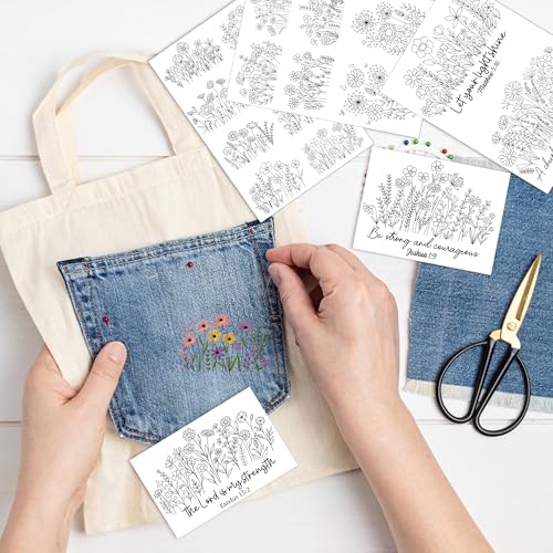 Water Soluble Stabilizer Embroidery Pattern - Bible Flower Stick & Stitch Embroidery Paper Wash Away, Wildflower Hand Sewing Patterns for T-Shirt Bag Towel (4 Sheets) - style: Flower974