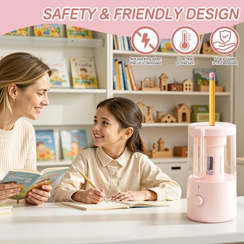 Deli Electric Pencil Sharpener, Fully Automatic Pencil Sharpener for 6.9-8mm No.2 & Colored Pencils, Auto in & Out, Rechargeable Hands-Free Sharpener for Classroom, Home, Office, Pink - color: Pink