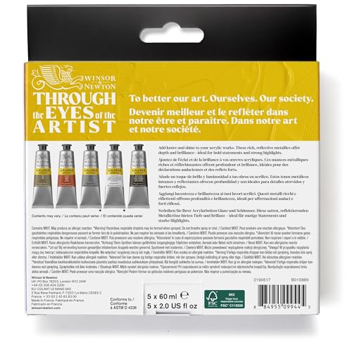 Winsor & Newton Galeria Acrylic Paint Set, 5 x 60ml (2-oz) Tubes, Metallic | Introductory Acrylic Paint made with Professional Pigments, Perfect for Beginners, Buttery Texture, High Tinting Strength - size: 2 Fl Oz (Pack of 5), style: 5 x 60ml (2-oz) Tube