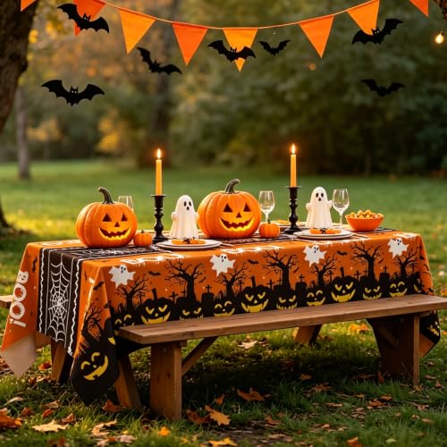 54IN X 160FT Halloween Plastic Table Cover Roll with Cutter Box, Cut to Size Plastic Table Cloths for Parties, Birthday, (BOOI Spider Web) - color: Booi Spider Web, size: 1920" x 54" (Rectangular)