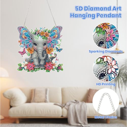 MOGTAA Elephant Diamond Art Hanging Kits for Adults, DIY Double Sided Flowers Diamond Art Suncatchers, 5D Special Shape Diamond Painting Butterfly Pendant Window Ornament Gifts for Home Decor - color: Elephant