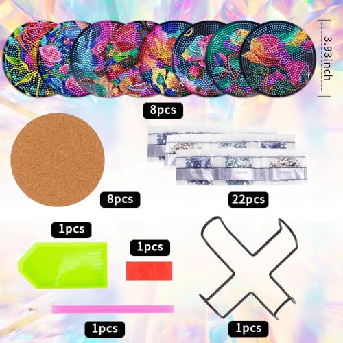 8 Pcs Diamond Painting Coasters with Holder, DIY Oil Peony Rose Flower Diamond Art Coasters for Drinks Diamond Painting Kits for Beginners, Diamond Art Kits Craft Supplies for Adults Kids Coaster Gift - color: Oil Rose Flower