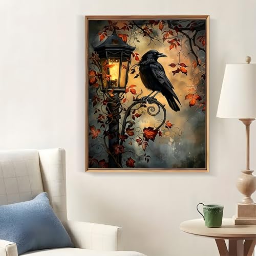 Halloween Crow Leaf Diamond Art Kits for Adults, 5D Diamond Painting Kits for Adults Beginners, DIY Full Round Drill Diamond Dot Painting Gem Art Kits for Adult, Home Wall Decor 11.8x15.7 Inch - color: NZ64