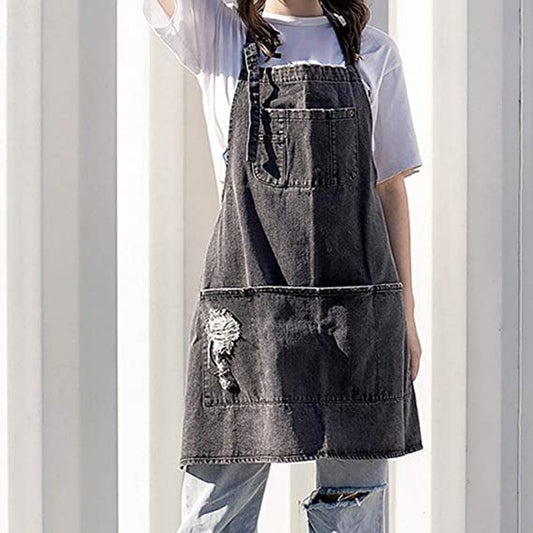 Denim Apron With 5 Pockets for Kitchens,Hairstylist Aprons for Women Men,Adjustable Bib Jean Apron for Arts Cafe Work - color: Black Gray, style: Apron