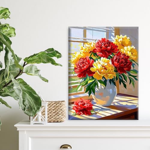 Flowers Paint by Numbers Kit for Adults Beginners Framed with Wooden Easel, Sunshine Adults' Paint-by-Number Kits on Canvas, Window DIY Easy Acrylic Oil Painting by Numbers for Home Decor, 8x12in - color: OMS060