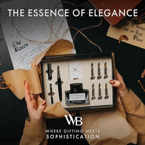 Wordsworth & Black Luxury Calligraphy Pen Set for Writing, 6 Nibs, Black | Fountain Ink Bottle, Cartridges & Refill Converter, Refillable, Black, High End Gift for Men & Women, Journaling & Lettering - color: Black Chrome