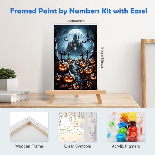 MOGTAA Halloween Paint by Numbers Kit for Adults Beginners with Frame, Pumpkin Castle Adult Paint by Number Kits on Canvas with Easel, Easy DIY Animal Oil Painting Kits for Home Decor, 8x12in - color: Pumpkin Castle-02