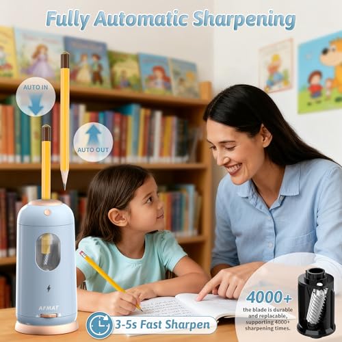 AFMAT Electric Pencil Sharpener, Auto in & Out, Fully Automatic Pencil Sharpener, Rechargeable Hands-Free Sharpeners for Jumbo & Colored Pencils (7-11.5mm), Good for Classroom/Home PSC8(Light Blue) - color: Light Blue
