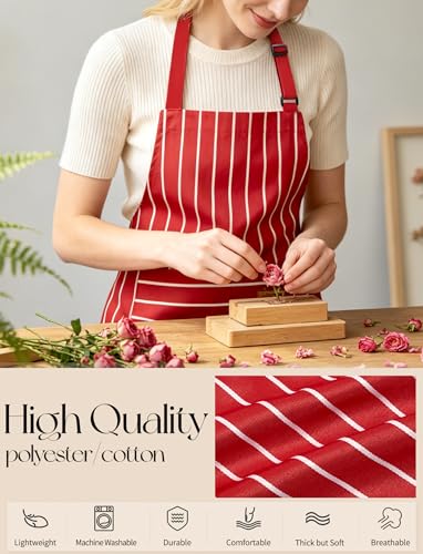 2 Pack Kitchen Cooking Aprons, Soft Aprons for Women Men with 2 Pockets Chef Apron with Adjustable Neck Strap and Long Tie - color: Navy Blue/Red