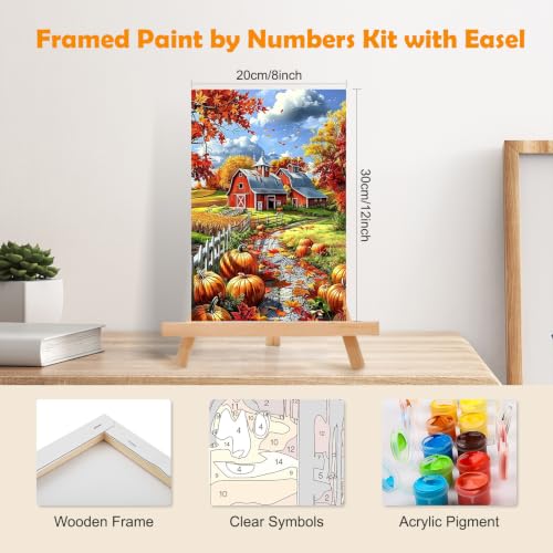 MOGTAA Fall Paint by Numbers Kit for Adults Beginners with Frame, Farmhouse Adult Paint by Number Kits on Canvas with Easel, Easy DIY Pumpkin Oil Painting Kits for Home Decor, 8x12in - color: Farmhouse