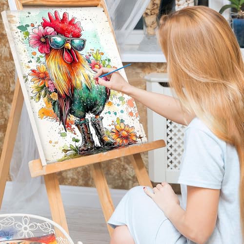 Bowetile Framed Paint by Numbers Chicken for Adults Beginners, Adults' Paint-by-Number Rooster Kits, Easy Adult Paint by Number Kits on Canvas, Acrylic Animals Number Painting for Home Decor, 8x12in - color: Rooster