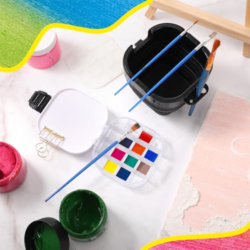 Airtight Acrylic Paint Palette Lid 16 Well Storage Box Travel Palette Paint Storage Container Fixing Clips Collapsible Brush Basin Art Supplies Organizer for Gouache Acrylic Watercolor and Oil(Black) - color: Black