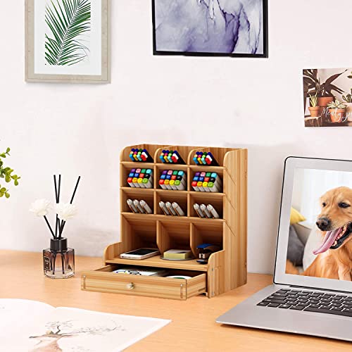 Marbrasse Wooden Desk Organizer, Multi-Functional DIY Pen Holder, Organizer for desk, Desktop Stationary, Easy Assembly, Home Office Art Supplies Storage with Drawer (B11-Cherry Color) - color: B11-Cherry Color