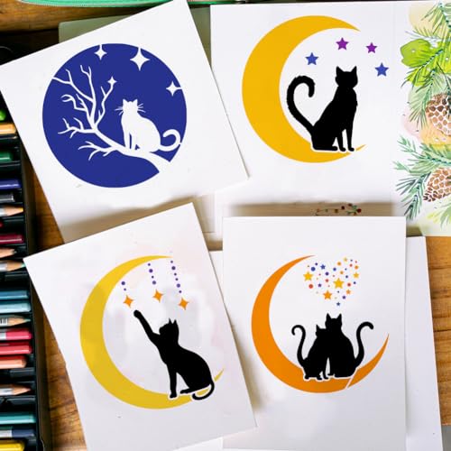 FINGERINSPIRE 6 PCS Moon Cat Painting Stencil 7.8x7.8inch Reusable Cat Silhouette Template Stencils Flower Girl Stars Stencil Cats Pattern Animal Theme Template for Painting on Wood Wall - color: 6PCS Moon Cat