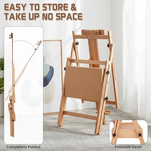 Beech Wood H-Frame Easel for Painting with Tray & Drawer, Natural | Heavy-duty Floor Adjustable Height & Angle Studio Art Easel Stand, Holds 30"-50" Canvas, Foldable Painting Easel for Adults - color: Natural