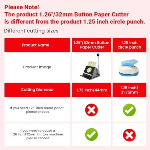 1.26"/32mm Button Paper Cutter, 1.73”/44mm Diameter Circle Cutter Circle Punch, 44mmGraphics Punch Cutter, 44mm Die Cut Machine for 1.26"/32mm Mode Buttons Machine (1.73”/44mm Cutting Diameter)