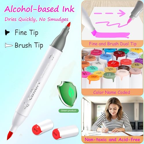 Caliart Alcohol Markers 41 Colors Brush & Fine Dual Tip Art Markers Pen Set - style: Brush & Fine Tip