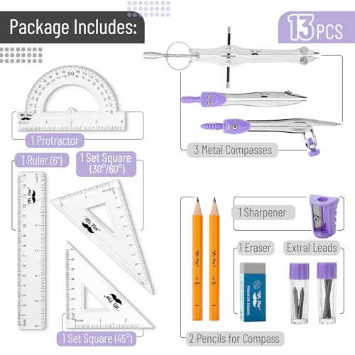 Mr. Pen- Geometry Set, 13 pcs, 3 Metal Compasses, Protractor, 6" Ruler | 45° & 30°/60° Set Squares, Pencils, Lead Refills, Sharpener & Eraser for Math, Drafting & Classroom Use | 45° & 30°/60° Set Squares, Pencils, Lead Refills, Sharpener & Eraser for Mat
