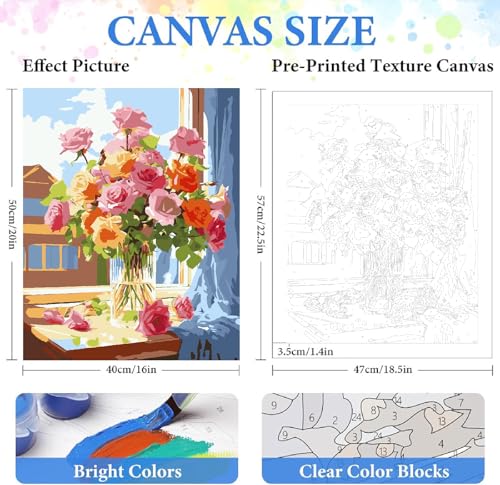 ZRIZQ Paint by Numbers Kit for Adults Beginner,Flowers 16x20 | Full set with wooden brushes,rolled canvas,rich paints.Calming activity.Beginner friendly.Just open and paint. - color: 16"X20"Rolled Canvas-Flowers 9