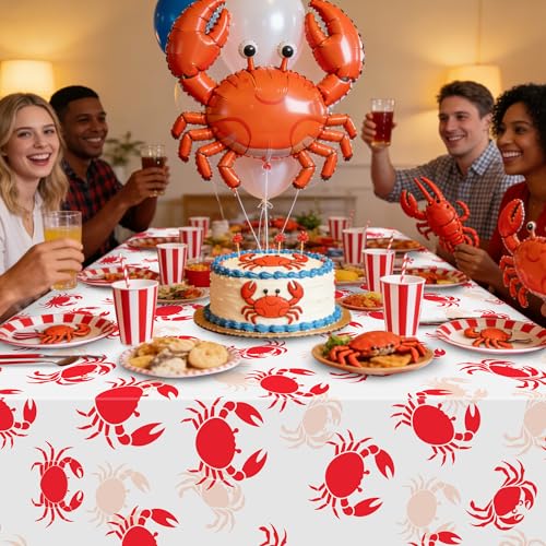 Kochorie 2 Pieces Crab Boil Plastic Tablecloth 108 x 54 Inch Rectangular White and Red Sea Animal Table Cover Waterproof Crab Tablecloth for Summer Party Supplies Home Outdoor Decorations - style: Crab