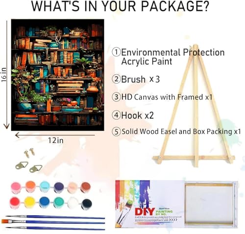 Bookshelf Paint by Numbers for Adults with Framed Canvas-with Wooden Easel,Paint by Numbers Kits Framed Canvas,DIY Acrylic Oil Painting Kits with Brushes Nice Gift Box for Home Wall Decor(12x16 Inch) - color: DKH124