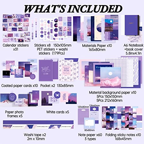 LCLAIDYDY 348 PCS Aesthetic Scrapbook Kit with A6 Grid Notebook, Bullet Junk Journals, DIY Gift Journaling Kit for Teen Girl Women (Moonlight) - color: Moonlight