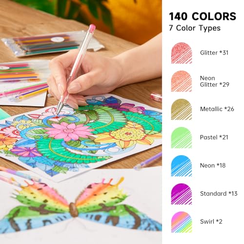 Gel Pen Refills, Shuttle Art 140 Colors (No Duplicates) Gel Pen Refills, 7 Color Types for Kids Adults Coloring Books Drawing Doodling Crafts Scrapbooking Journaling - color: 140 Colors