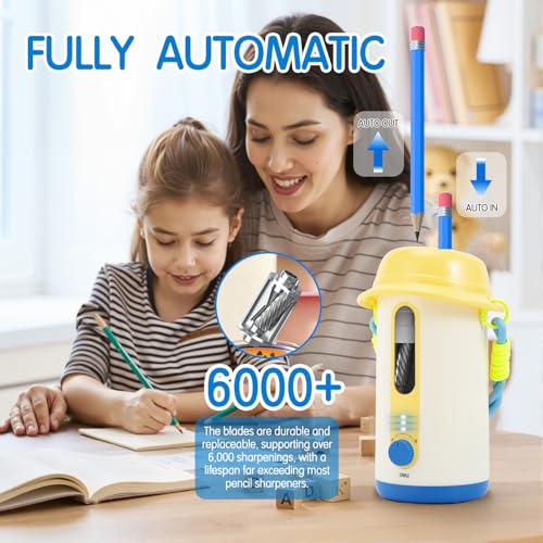 deli Electric Pencil Sharpener, Fully Automatic Pencil Sharpener, Yellow | for 6.9-10.8mm Colored/Jumbo Pencils, Auto in & Out,Rechargeable Hands-Free Sharpener for Home/Office, Low Noise - color: Yellow
