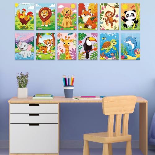 Anseal 12 Packs Pre Drawn Canvas to Paint, 5" X 7" Cute Animals Pre Printed Canvas for Painting, Pre Stretched Canvas Outline Painting Boards for Party Favor - style: Animals