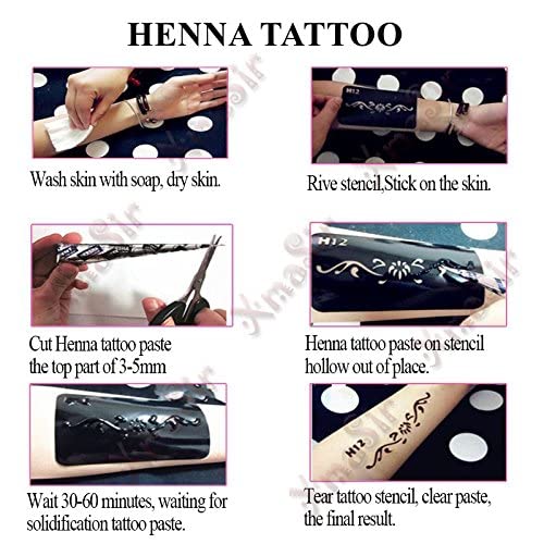 XMASIR 12 Sheets Henna Tattoo Stencils, Glitter Airbrush Hand Temporary Tattoo Stickers Indian Arabian Self Adhesive Tattoo Templates (S5-12P) - size: S5-12P