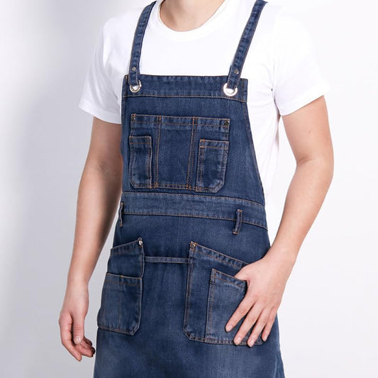 Apron for Women and Men - Adjustable Vintage Distressed Cotton Bib Aprons with Large Pockets for Cooking - color: Denim Apronblue