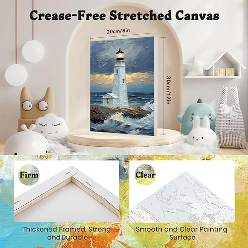 xackcme Lighthouse Paint by Numbers for Adults with Framed Canvas 8x12 inch | Landscape Paint by Number for Beginners, DIY Acrylic Oil Painting on Canvas with Wooden Easel Brushes for Home Wall Decor - color: BKH2208