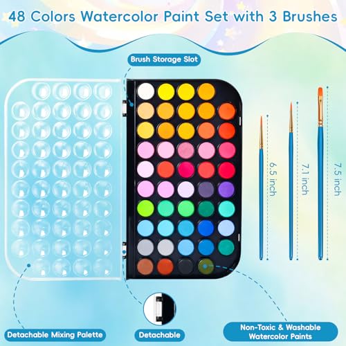 48 Color Solid Watercolor Paint Set with 3 Wooden Brushes for Adults Kids