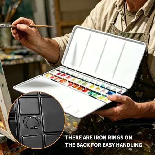 Black Watercolor Palette Tin,52 Detachable Half Pans w/Lid Brush