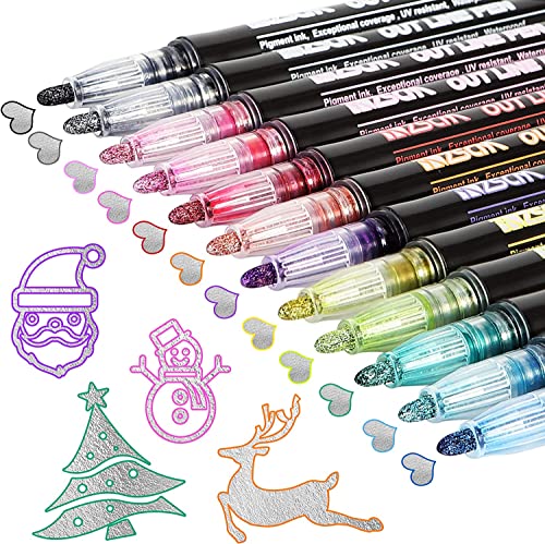 Starhig 12Colors Shimmer Markers, Super Squiggles Outline Markers, Outline Markers Self-outline Metallic Markers, Shimmer Markers for Painting Drawing Gift Cards - size: 1 Count (Pack of 12)