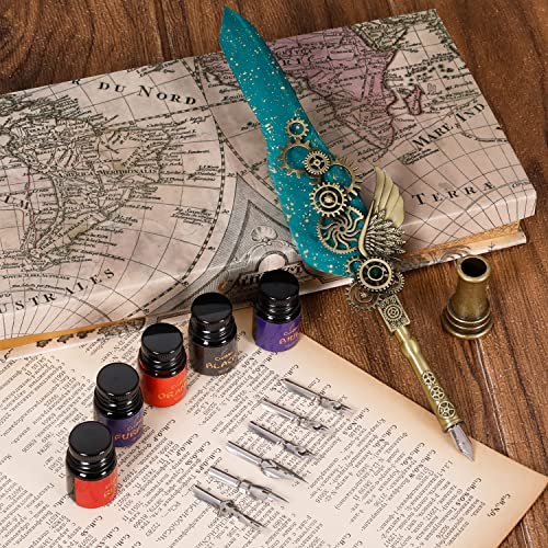 Vintage Punk Quill Pen Ink Set-Mechanical Quill Pen,5 Color Ink Calligraphy Pen Ink Set,6 Replaceable Dip Pen Nibs-Basic Calligraphy Kit-for Beginners and Calligraphy Lovers (Green) - color: Green