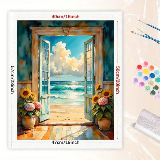 Beach View Paint by Numbers Kit for Adults - DIY Ocean Scene Through Doorway Painting on Canvas 16x20 Inches, Acrylic Paint Set, Suitable for Beginners, Art for Home Decoration or Gifts - color: HSX00713, size: 16X20IN Folded