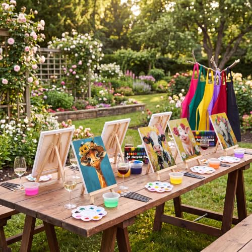 Cholemy 6 Set Paint and Sip Kit for Adults 8"x 10" Pre Drawn Canvas Painting with Wooden Easel Acrylic Paint Wash Cup Brushes Palette Apron for Painting DIY Adult's Date Party Supplies(Flower Animal) - style: Flower Animal